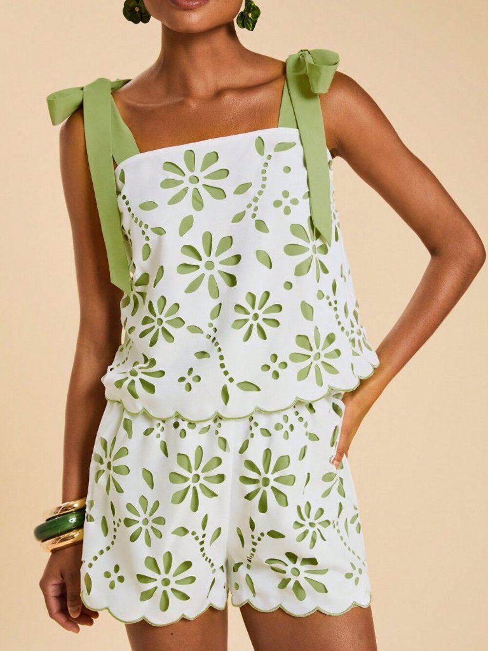 Green Casual Women's Chiffon Camisole & Shorts Set